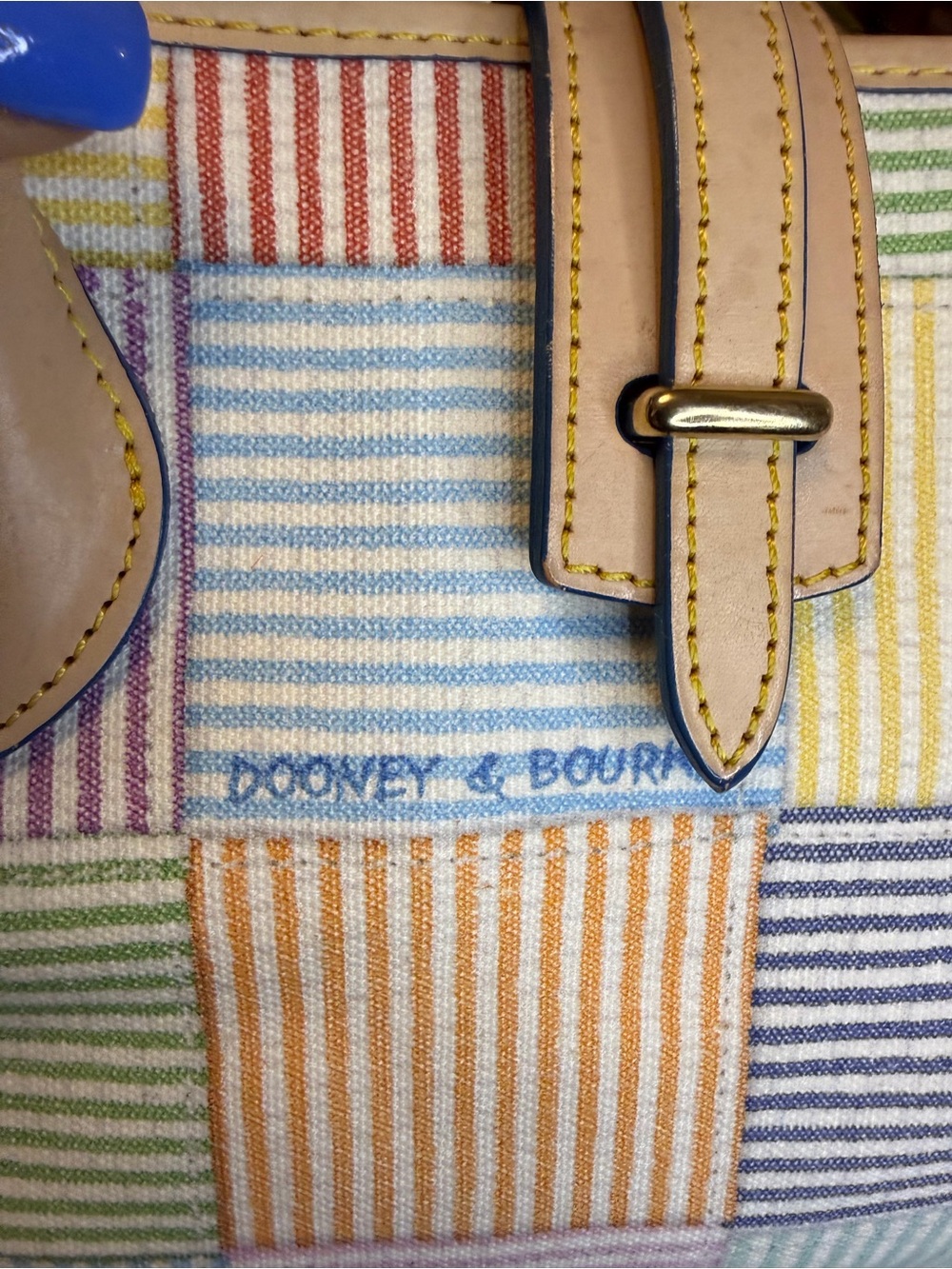 Dooney & Bourke Patchwork Seersucker Tote Bag Multicolor Striped | Leather Trim - Picture 12 of 16
